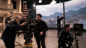 Film crew combining digital cameras, LED wall technology, and motion capture on a soundstage
