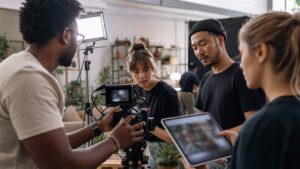 Small modern film crew testing compact digital camera and LED lighting tools on set