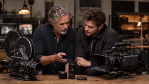 Filmmakers comparing vintage film camera equipment with a modern digital cinema camera