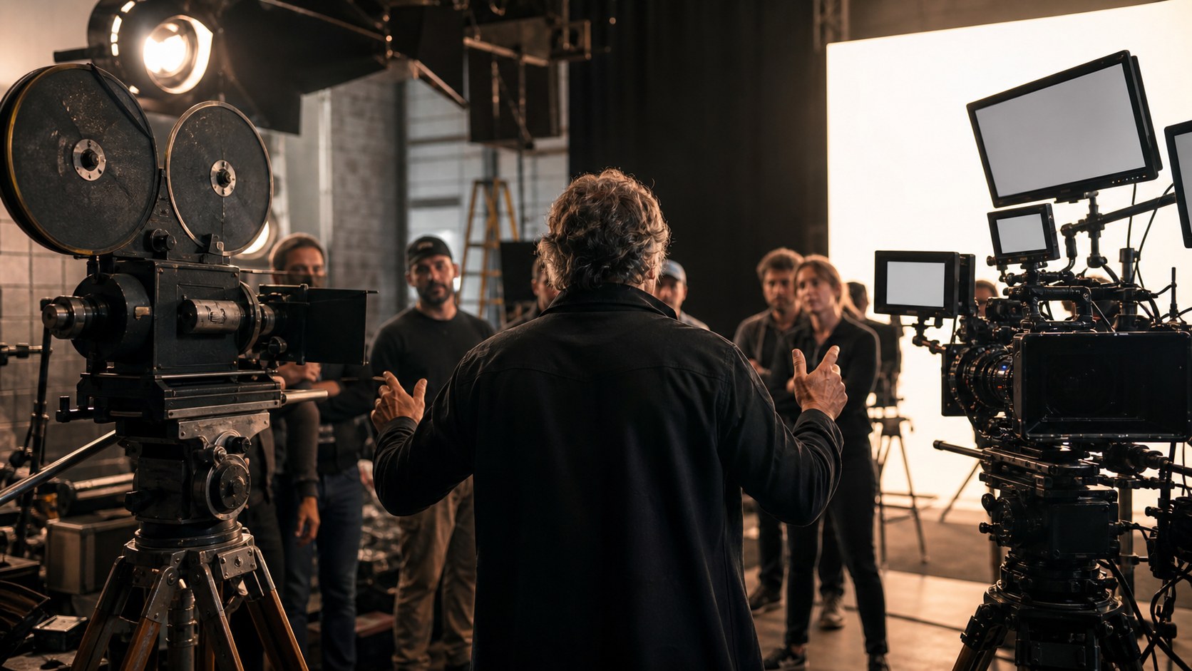 Director seen from behind between vintage and modern cinema cameras on a studio stage