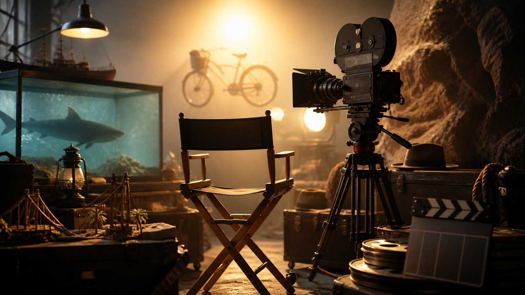 Empty director chair beside a camera and adventure-inspired studio props with no readable markings