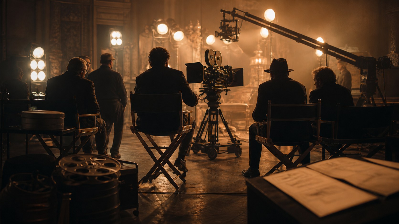 Non-identifiable filmmakers watching a camera on a classic studio soundstage