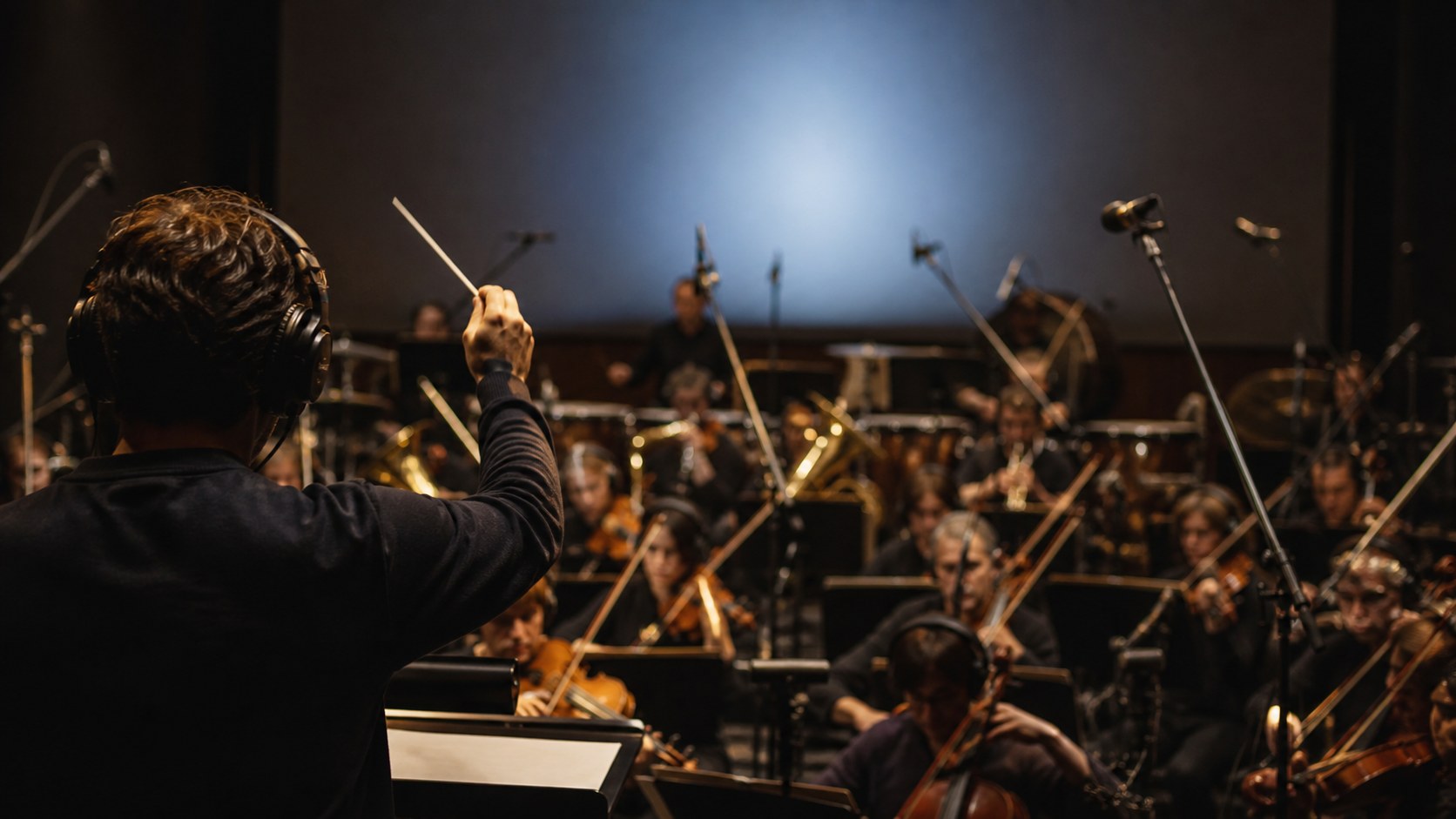 Conductor leading an orchestra recording session with a soft projection glow
